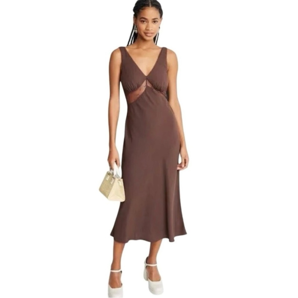 Wild Fable Chocolate Brown Lace Slip V-Neck Sleeveless Midi Dress